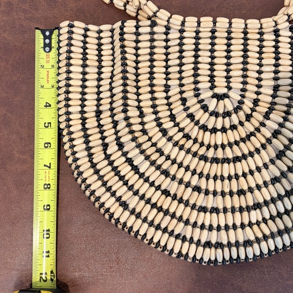 Rachel Ashwell Wooden Beaded Half Moon Tote Boho Coastal Bag Summer Neutral - Picture 7 of 8